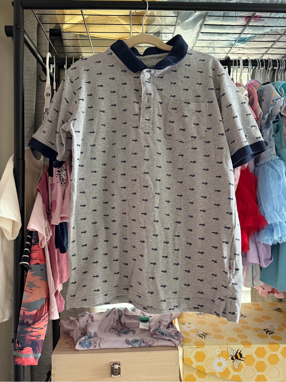 Perry Ellis Grey Polo with Navy Collar and Cuff Accents